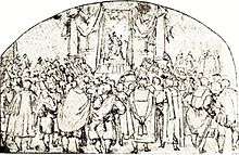 A seventeenth century sketch of a Polish king looking over his audience, from the perspective of behind the audience.