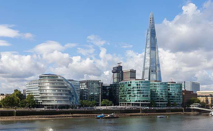 A photo of some of Central London including the River Thames and the Shard.