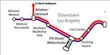 A map of the concurrencies in the Metro Rail system, primarily in Downtown LA.