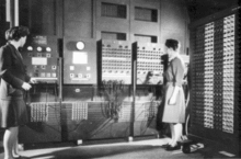 A Two women operating the ENIAC's main control panel while the machine was still located at the Moore School.