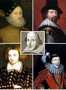 Portretten van Shakespeare en vier alternatieve auteurs.