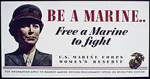 A photograph of a woman marine in a U.S. Marine Corps recruiting poster during the Second World War