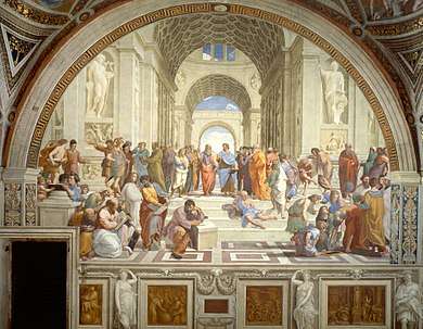 Fresco of an arched space in which many people in classical costume are gathered in groups. The scene is dominated by two philosophers, one of whom, Plato, is elderly and has a long white beard. He points dramatically to the Heavens. A gloomy figure in the foreground sits leaning on a block of marble.