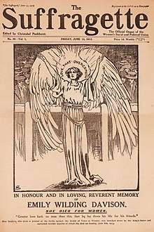Front page of The Suffragette showing an drawing of Davison depicted as an angel. The headline reads "In Honour and in Loving, Reverent Memory of Emily Wilding Davison. She Died for Women."