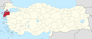 Çanakkale highlighted in red on a beige political map of Turkeym