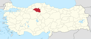 Çankırı highlighted in red on a beige political map of Turkeym