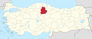 Çorum highlighted in red on a beige political map of Turkeym