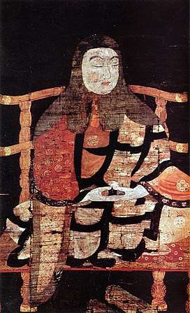 Painting of Buddhist monk Saicho, founder of the Tendai sect, meditating upon a chair