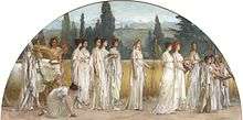 Semi-circular painting showing a procession of women, dressed in white robes.  A Greek temple is partially visible in the background.