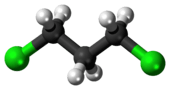 Ball-and-stick model of the 1,3-dichloropropane molecule