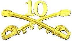 A computer generated reproduction of the insignia of the Army 10th Cavalry Regiment. The insignia is displayed in gold and consists of two sheafed swords crossing over each other at a 45&nbsp;degree angle pointing upwards with a Roman numeral 10