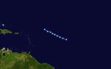 A map showing the track of a tropical depression, with a portion of South America and the Lesser Antilles visible on the left side of the image