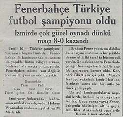 Turkish newspaper Akşam announcing the Turkish championship title of Fenerbahçe on 11 November 1933