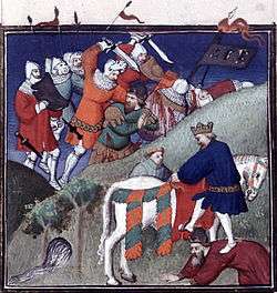 Soldiers fight near a hill and a crowned man steps on the back of an other man who also wears a crown before mounting his horse