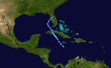 A track map of Tropical Depression Fourteen throughout the Caribbean Sea and Gulf of Mexico. The track starts out south of Jamaica and heads generally northwest, crossing Cuba and making landfall in Florida.