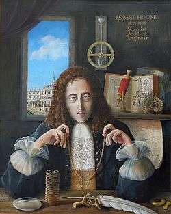 Painting of Robert Hooke seated in a study, holding a small chain suspended between his hands by the ends
