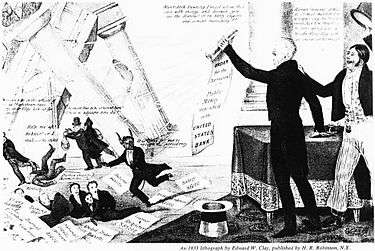 Banker Nicholas Biddle, portrayed as the devil, along with several speculators and hirelings, flee as the bank collapses while Jackson's supporters cheer.)