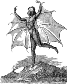 b&w drawing of a man with large bat-wings reaching from over his head to mid-thigh