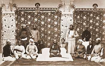 1884 Maharana Fateh Singh with Pradhan Pannalal mehta on his right, in durbar at Mor Chowk - Courtesy Museum Archives of the Maharanas of Mewar