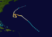 Map showing the path and intensity of the September 1915 hurricane