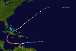 The track of the 1932&nbsp;Cuba hurricane, with the track beginning at bottom-center, tracing towards the left and then curving to the upper-right corner of the image.