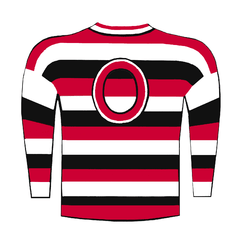 A red, black and white horizontal striped sweater in a barber-pole pattern, with a large red-letter 'O' on the chest.