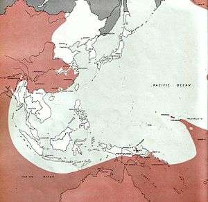 Map of the western Pacific Ocean and South East Asia marked with the territory controlled by the Allies and Japanese as at March 1944