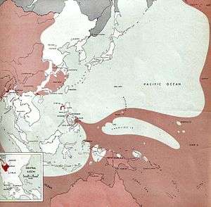 Map of the western Pacific Ocean and South East Asia marked with the territory controlled by the Allies and Japanese as at January 1945