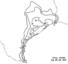 Black and white contoured map of rainfall amounts. Each line represents an interval of 3&nbsp;in (75&nbsp;mm) of precipitation.