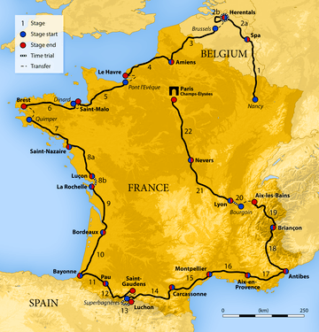 Map of France showing the path of the race starting in Nancy, moving through Luxembourg and Belgium, before a anticlockwise route around France and finishing in Paris