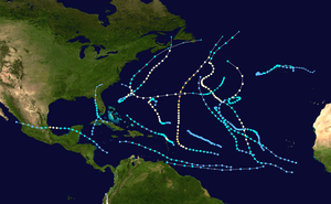 A map of the Atlantic Ocean depicting the tracks of 16 tropical cyclones.