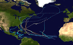 Map showing paths of tropical cyclones that formed in the North Atlantic basin in 1996