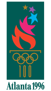 A fire, emitting many different-colored stars, burns from a cauldron represented by the gold-colored Olympic rings and the number "100" acting as the cauldron's stand. The words "Atlanta 1996", also written in gold, are placed underneath. The image is situated on a dark green background, with a gold border.