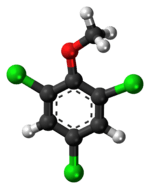 Ball-and-stick model of the 2,4,6-trichloroanisole molecule