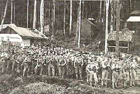 A group of soldiers in tropical uniforms stand in a jungle setting