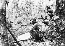 Black and white photo of a man wearing military uniform armed with a large gun lying down and aiming the weapon into dense bushland. Two other men in military uniform are crouched on either side of the prone man.