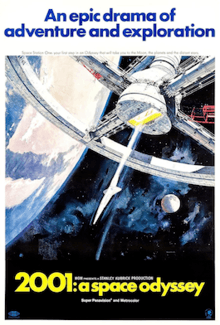 A painted image of a space station suspended in space, in the background the Earth is visible. Above the image appears "An epic drama of adventure and exploration" in blue block letters against a white background. Below the image in a black band, the title "2001: a space odyssey" appears in yellow block letters.
