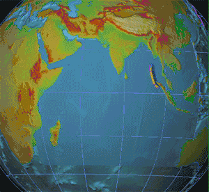 A sped-up animated graphic of Earth that shows tsunami waves as they ripple across the ocean, away from the earthquake epicenter.