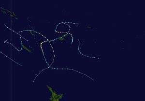 A map of the South Pacific Ocean depicting the tracks of 7 tropical cyclones.
