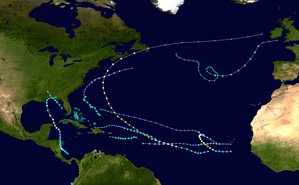 A map of the Atlantic Ocean depicting the tracks of 11 tropical cyclones.