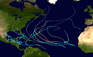 A map of the Atlantic Ocean depicting the tracks of 21 tropical cyclones.