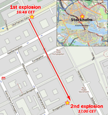 Street map showing the distance between the bombings (about three city blocks), with a larger map of Stockholm inset