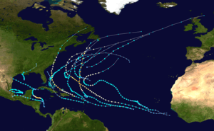 A map of the Atlantic Ocean depicting the tracks of 20 tropical cyclones