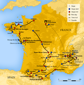 Map of France showing the showing the path of the race.