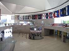 Large lobby, with state flags and bunting