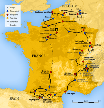 Map of France showing the showing the path of the race starting in Belgium, moving through the Alps, then the Pyrenees, before finishing in Paris