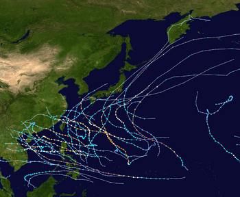 Map showing the paths of multiple storms represented by several dotted lines. Each dot denotes the storm's position at six–hour intervals, while its color denotes the storm's intensity at that position.
