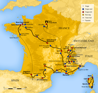 Map of France showing the showing the path of the race starting in Corsica, then going clockwise around France.