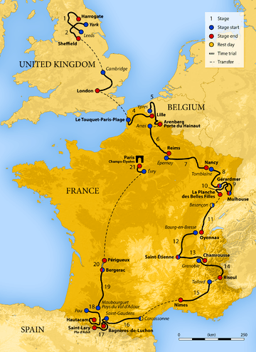 Map of France showing the showing the path of the race going clockwise starting in the United Kingdom, going through Belgium, then around France.