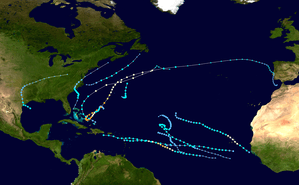 A map of the Atlantic Ocean depicting the tracks of one tropical cyclone